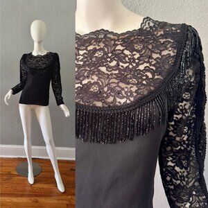 Vintage Black ILLUSION Lace Beaded Front Long Sleeve Top Blouse M